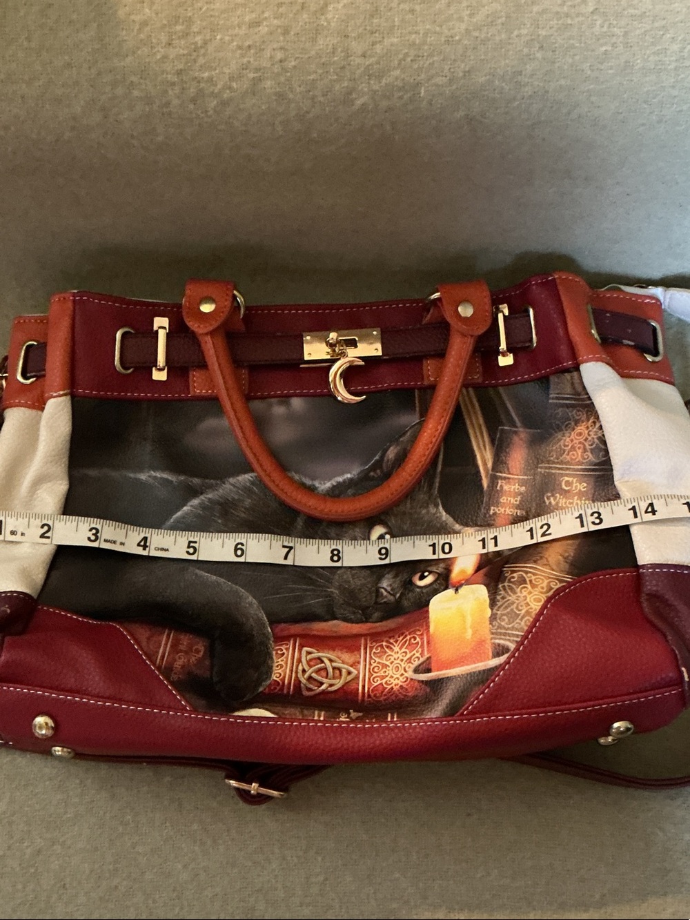 The Bradford Exchange Black Cat Satchel in Burgundy, Orange and Cream - Picture 6 of 9